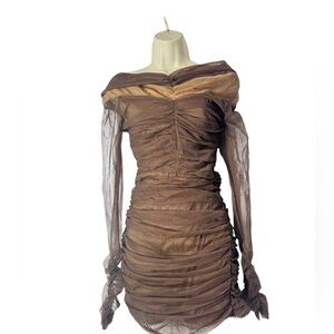 Fashion Nova Brown Ruched Off-Shoulder Mesh Dress